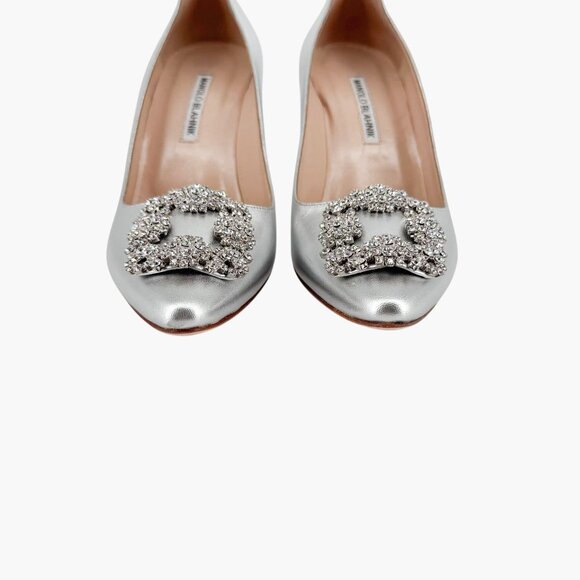 Manolo Blahnik Hangisi Pumps Heels Silver Size 39 US 9 Women Crystal Buckle - Picture 6 of 15